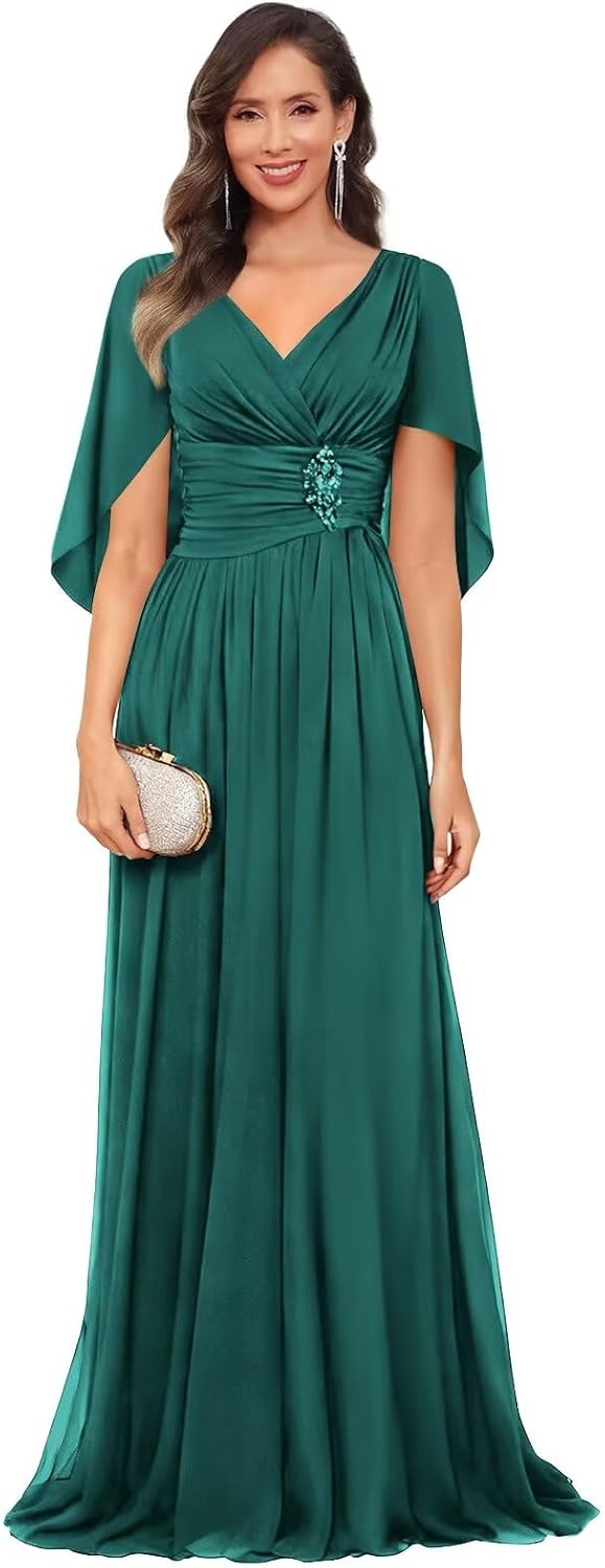 Cape Sleeves V Neck Mother of The Bride Dresses for Women 2026 Chiffon Pleated Long A-Line Formal Evening Gown