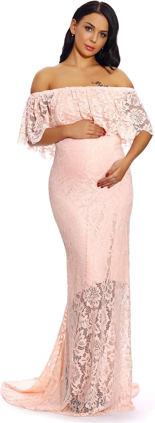 ZIUMUDY Women's Off Shoulder Ruffles Lace Maternity Gown Maxi Photography Baby Shower Dress - Image 2