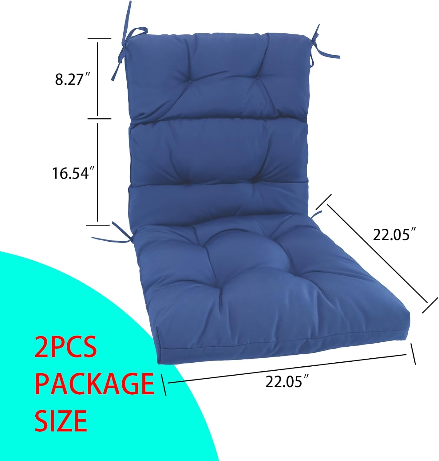 Outdoor Indoor High Back Patio Chair Cushions 22 * 22 in Tufted Outdoor with Ties, Seat Back Chair Cushion for Adirondack Rocking Patio Furniture-Blue Set of 2