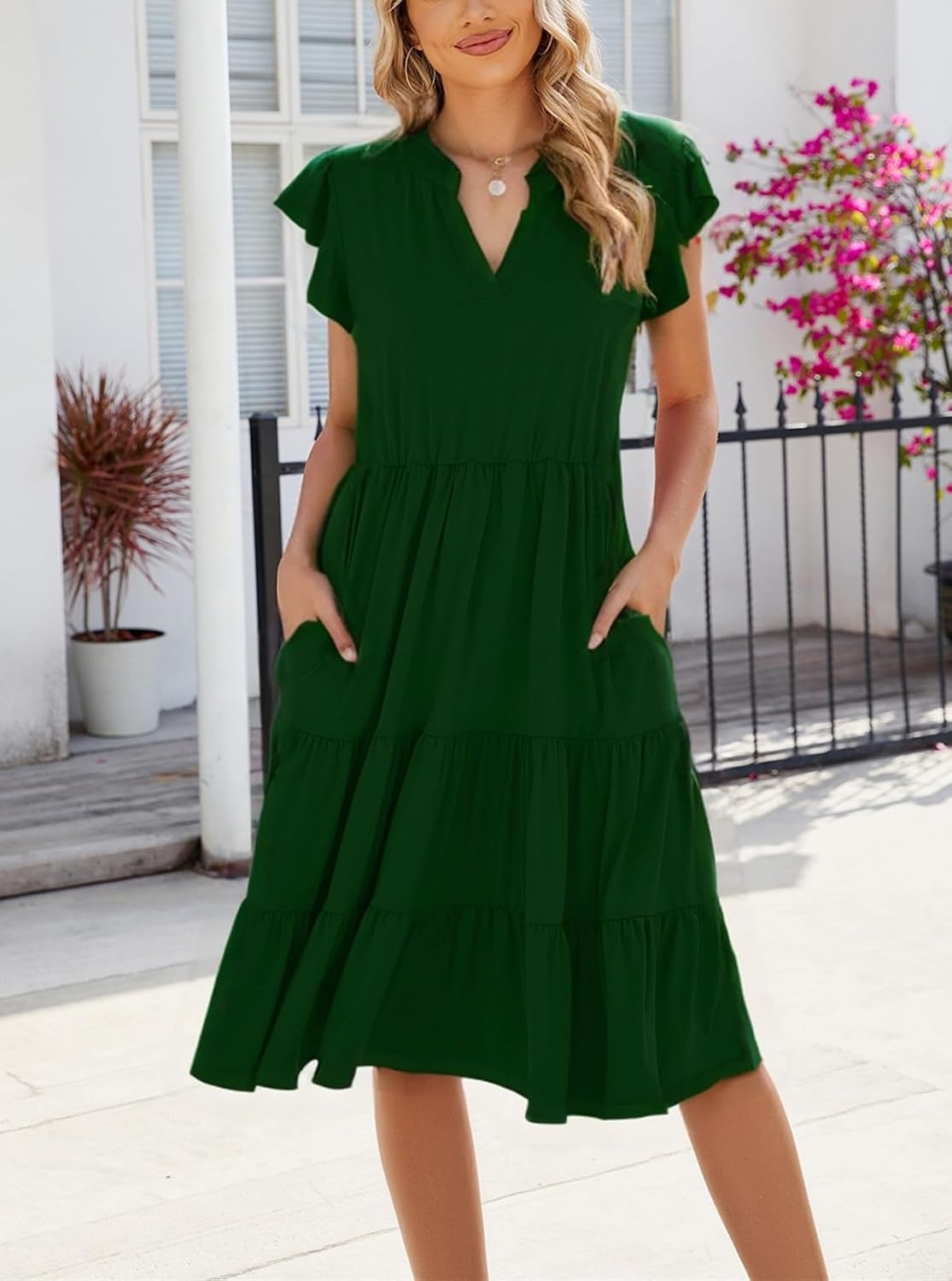 Womens Casual Dress Ruffle Sleeve V Neck Midi Dresses Fit Flowy Tiered Boho Beach Vacation Sundress - Image 3