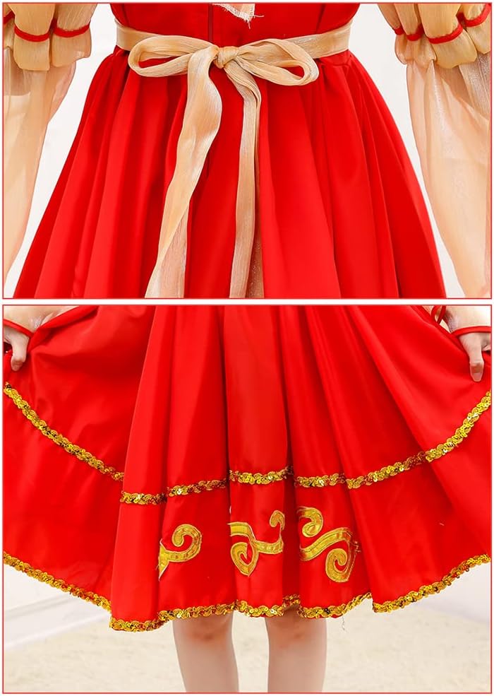Girls Russian Traditional Dance Dress Puff Sleeve Swing Ethnic Performance Outfit