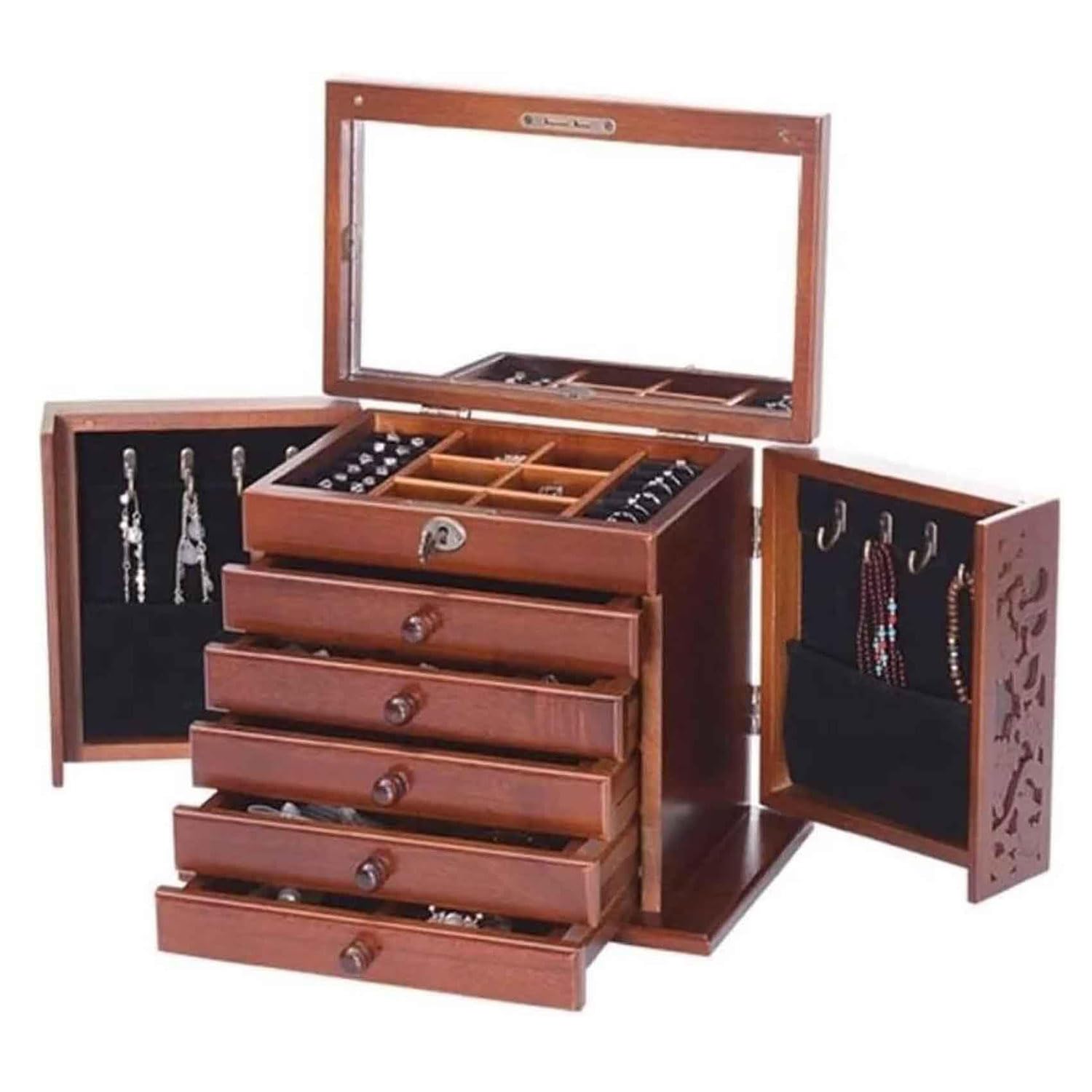 Annuod Vintage Wooden Jewelry Box, Jewellery Organiser, With Mirror And Drawer Layer, For Bracelet Necklace Earrings Ring Storage