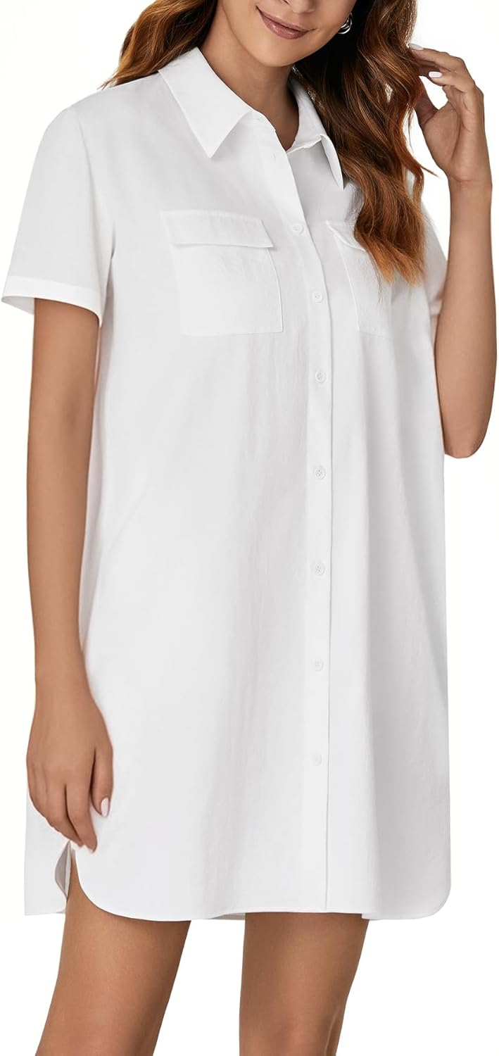 OPOIPIN Women's Button Down Shirt Dress Collared Slit Hem Tunic Short Sleeve Dresses with Pockets - Image 4