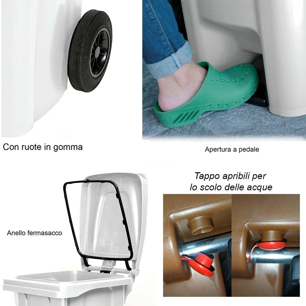 Bidoni industriali con Pedale Coperchio Ruote 120 Lt Raccolta differenziata 4Pz pattumiera contenitori bidoni cibi Alimenti nettezza Urbana per Pub Bar ristoranti Hotel casa Giardino