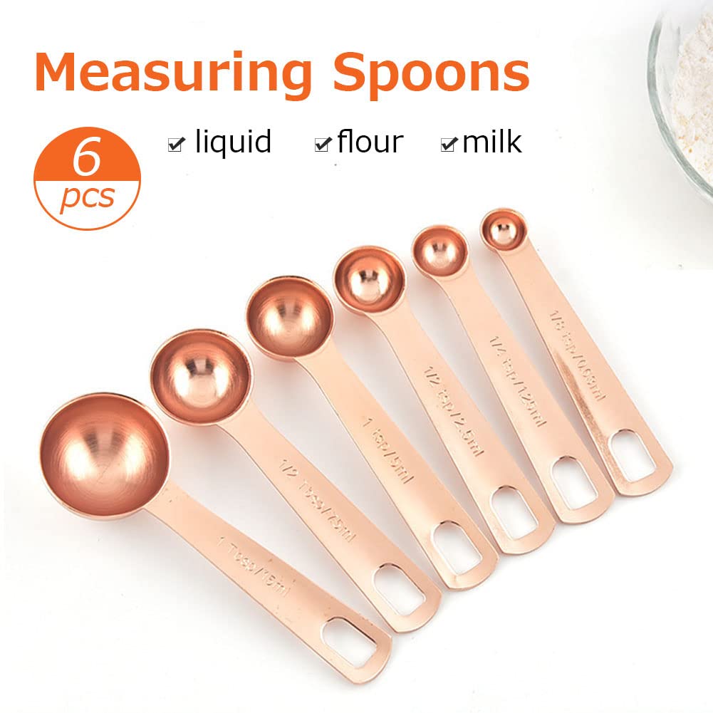 Zunate Set 6 Cucchiai Dosatori In Acciaio Inossidabile - 1/8 Tsp A 1 Tbsp, Con Anello Raccoglitore, Rosa Oro - copertina