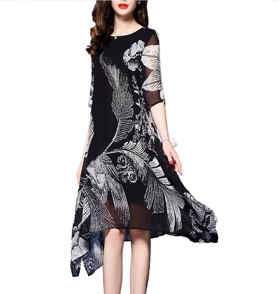 Dress Women's Clothing Self-cultivation Printing Silk Chiffon Short Sleeve Dresses,Black,M
