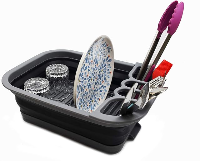 SAMMART Collapsible Dish Drainer with Drainer Board - Foldable Drying Rack Set - Portable Dinnerware Organizer - Space Saving Kitchen Storage Tray (Grey/Black)
