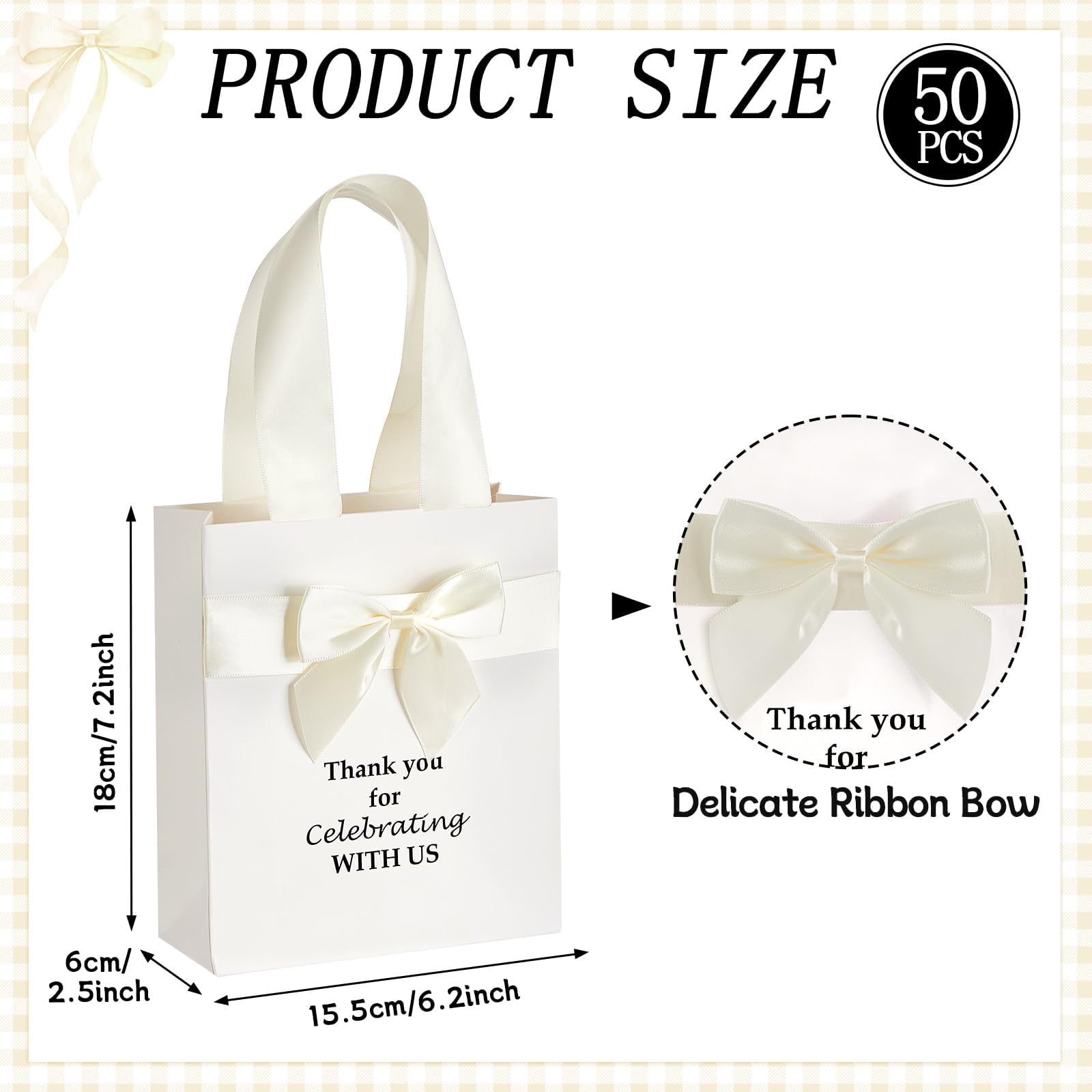 50 Pcs Wedding Gift Bags for Guests Bulk with Bow Ribbon Handles 6.2x7.2x2.5 Inch Wedding Favor Bag Thank You Gift Bags for Party Favor Bridesmaid Bags Bridal Shower Valentine Birthday Supplies(Beige)