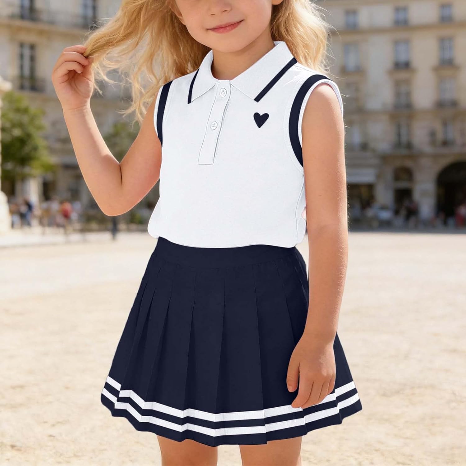 Toddler Girls Sporty Tennis Skirt Set with Inner Short and Sleeveless Tank Top School Uniform Dress Sets 2-7 Years