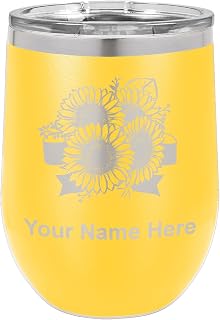 LaserGram Double Wall Stainless Steel Wine Glass Tumbler, Sunflowers, Personalized Engraving Included (Yellow)