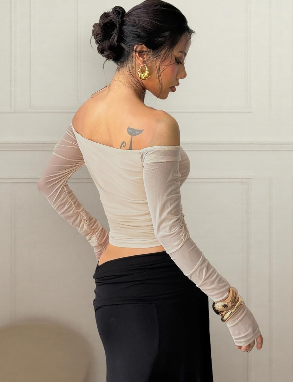 Velius Women's Off The Shoulder Long Sleeve Slim Fit Y2k Cami Mesh Crop Tops for Night Club Party - Image 2