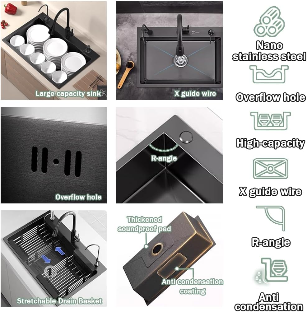 19.7 * 17.7in Drop In Kitchen Sink,Black Stainless Steel Single Bowl Sink,Topmount Workstation Sink With Pull Out Faucet,Soap Dispenser And Drain Basket