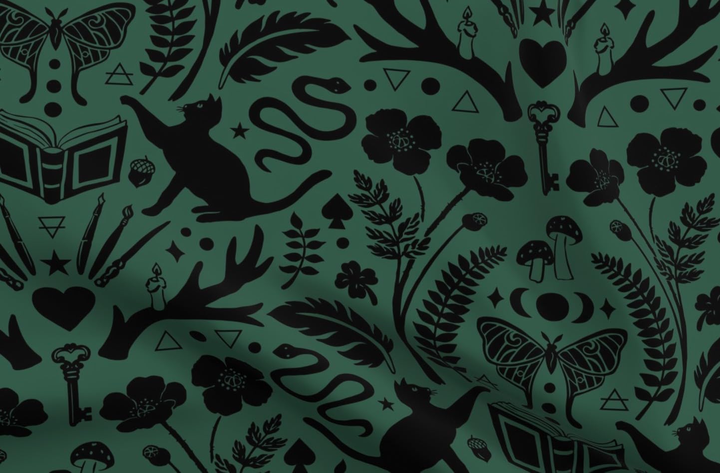 Spoonflower Fabric - Moody Witchy Whimsigoth Black Cat Moth Snake Goth Witch Spooky Moon Printed on Petal Cotton Fabric Fat Quarter - Sewing Quilting Apparel Crafts Decor