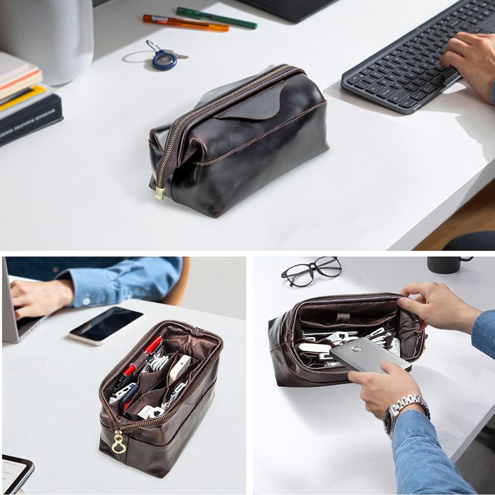Estuche Organizador de Cuero for Dispositivos electrónicos de Viaje, Bolsa de Transporte for Almacenamiento de Cables con Cremalleras, Bolsa tecnológica(Brown)