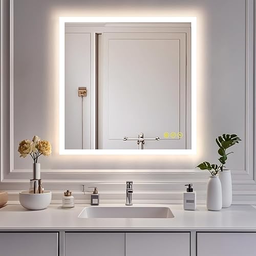 CITYMODA Espejo de baño LED de 36 x 36 pulgadas, 3 colores regulables, espejo de baño con luz regulable, espejo de baño inteligente montado en la