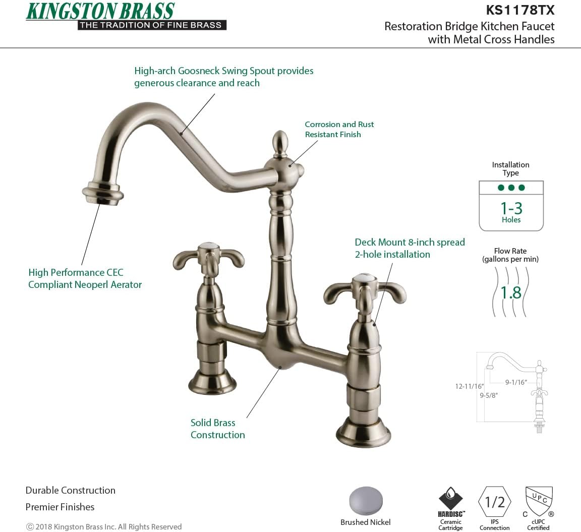 Kingston Brass KS1178TX Heritage 8-Inch Centerset Kitchen Faucet Without Sprayer, Brushed Nickel