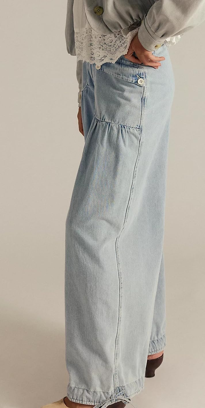 Women Baggy Cargo Jeans Mid Waist Wide Leg Ruffle Drawstring Parachute Denim Pants Vintage Sweatpants Pockets