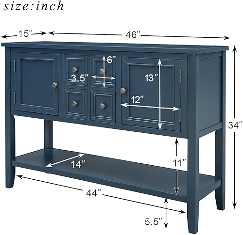 Miniatura 20 de Mesa consola con 2 armarios y 4 cajones, aparador de buffet de 46 pulgadas con estante inferior, mesa consola retro para cocina, pasillos, sala de