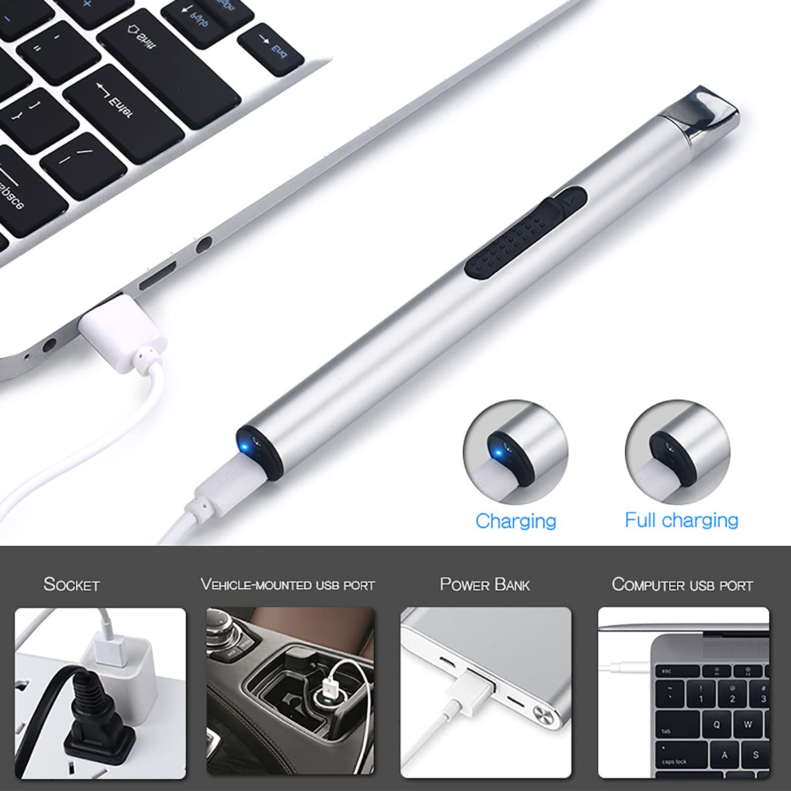 Briquet Rechargeable Électrique Briquet Plasma Briquet USB Arc sans Flamme Coupe-Vent Long Briquet pour Camping Cuisine Grill,Silver