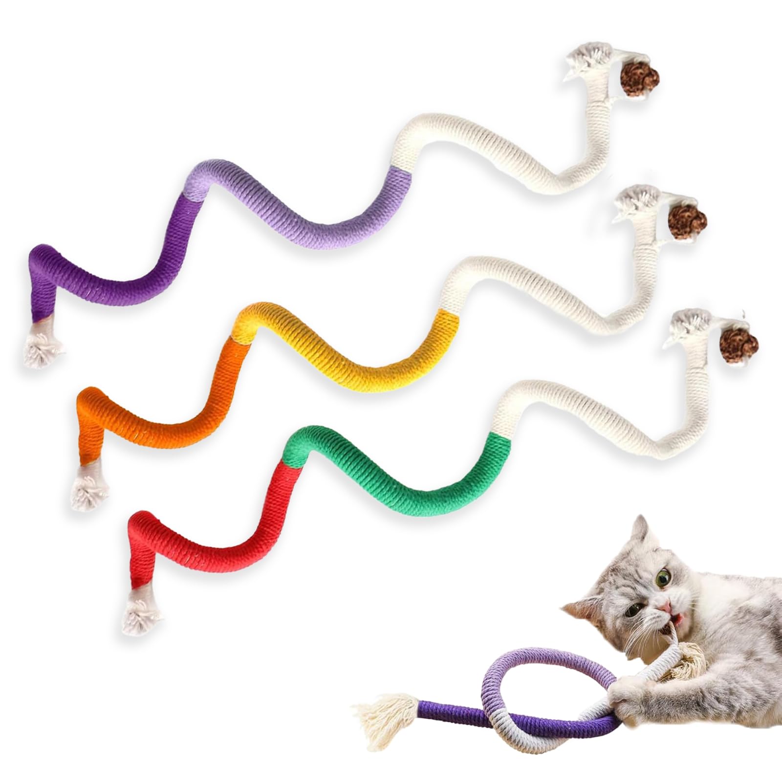 Pence & Moon Collective 3 Pcs Natural Catnip Chew Rope, Snaky Rope Toys, Interactive Cat Toys