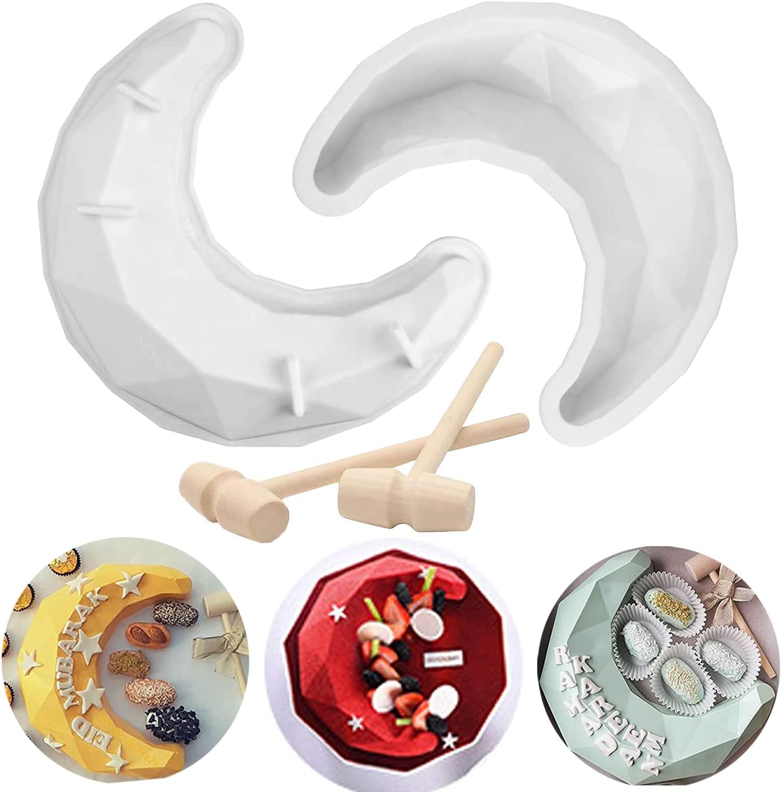 3D Diamond Moon Shape Silicone Cake Mold Chocolate Mousse Dessert Baking Pan Silicone Fondant Mold with 2 Pcs Wooden Hammers Kitchen Bakeware Tools DIY, Eid Mubarak Ramadan Kareem Cake Mold