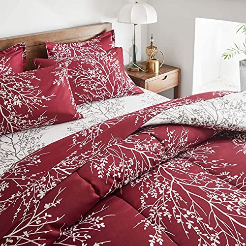 Burgundy Red Comforter Sheet Set 7 Pieces Christmas Bed In A Bag Queen Size All Season Tree Branch Soft Microfiber Bedding Set (1 Comforter 2 Pillow Shams 1 Flat Sheet 1 Fitted Sheet 2 Pillowcases) #TOP2