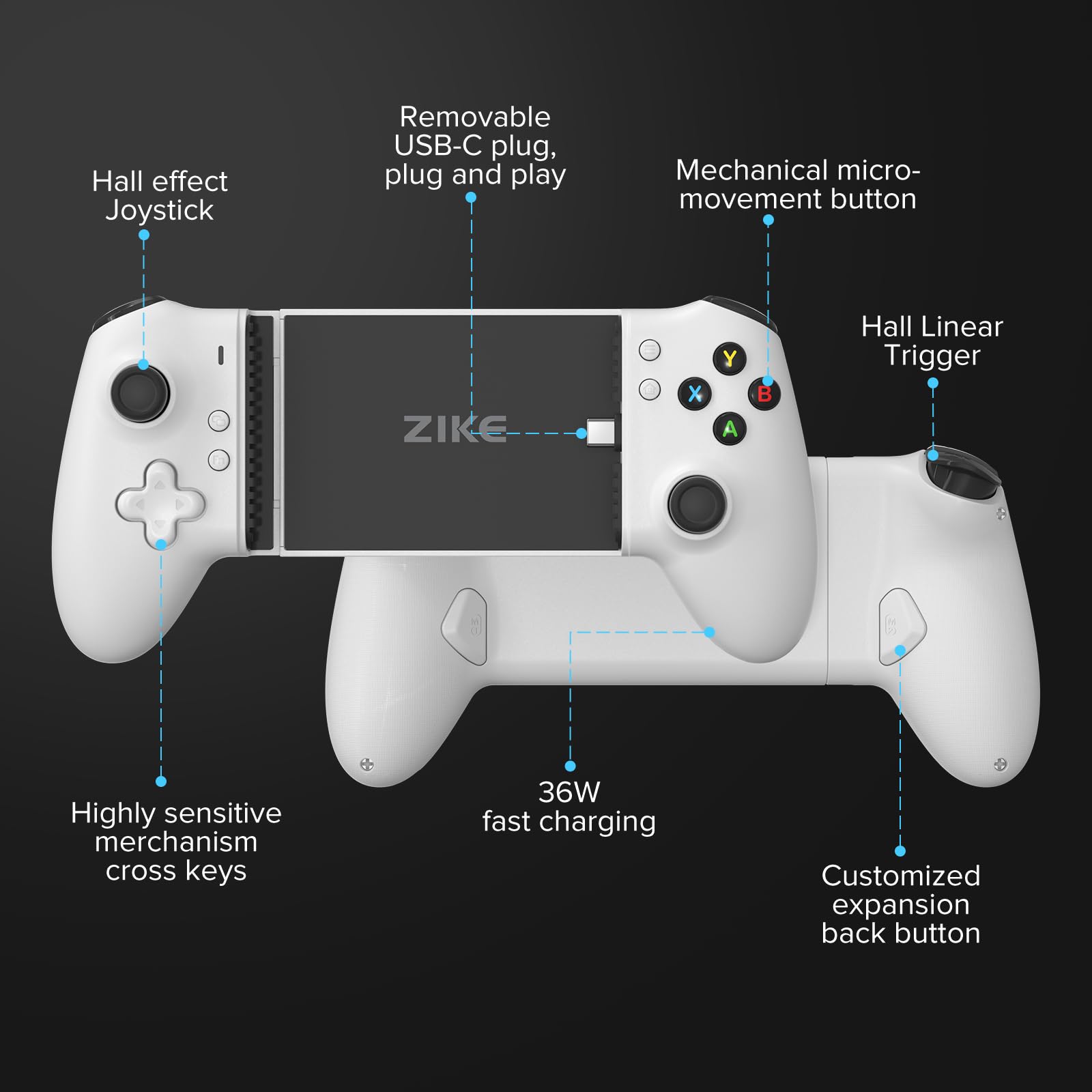 ZIKE Mando de juegos Z331 para iPhone 15/16 y Android, mando USB C con joystick y gatillo de efecto Hall, mando inalámbrico para PC, Xbox, Steam, Switch y Smartphone
