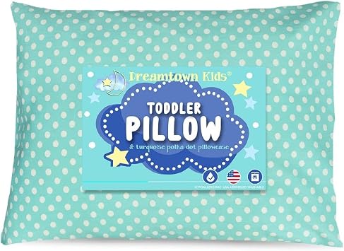 Toddler Pillow & Pillowcase, Hypoallergenic, Made in USA, Soft & Breathable, Ideal for Naps, Bed, Daycare and Travel, for Boys and Girls Ages 2+, Turquoise Polka Dot