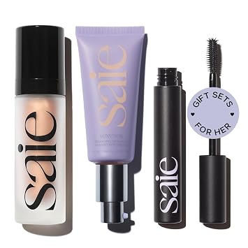 Saie Glowy Super Gel Lightweight llluminator & Makeup Primer - Sunglow 1 oz + Sunvisor Broad Spectrum SPF 35 Mineral Sunscreen 1.35 fl oz + Lash Lengthening Mascara 101 - Black 0.31 oz
