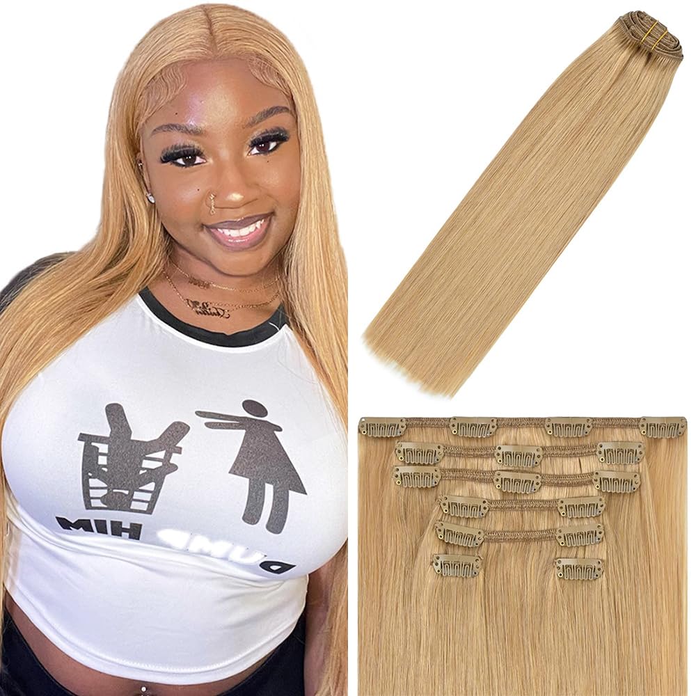 Photo 1 of #27 Blonde Human Hair Clip in Extensions 24 Inch Honey Blonde Straight Clip in Seamless Extensions Human Hair Skin Weft Seamless Invisible Unprocessed Brazilian Virgin Remy Hair 120g