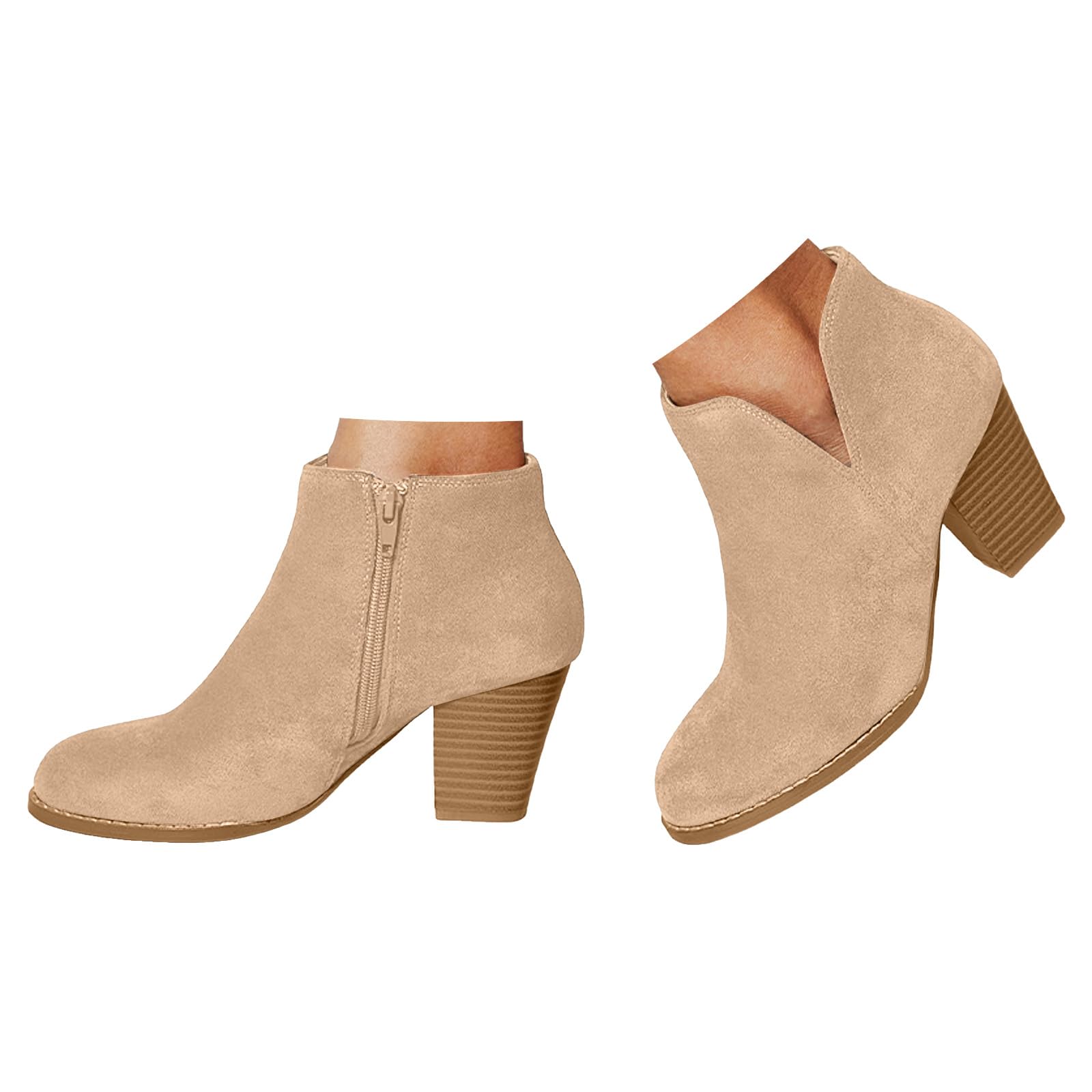 Ankle Boots for Women Wide Width 2025 Suede Side V Cutout Booties with Chunky Stacked Heel Almond Toe