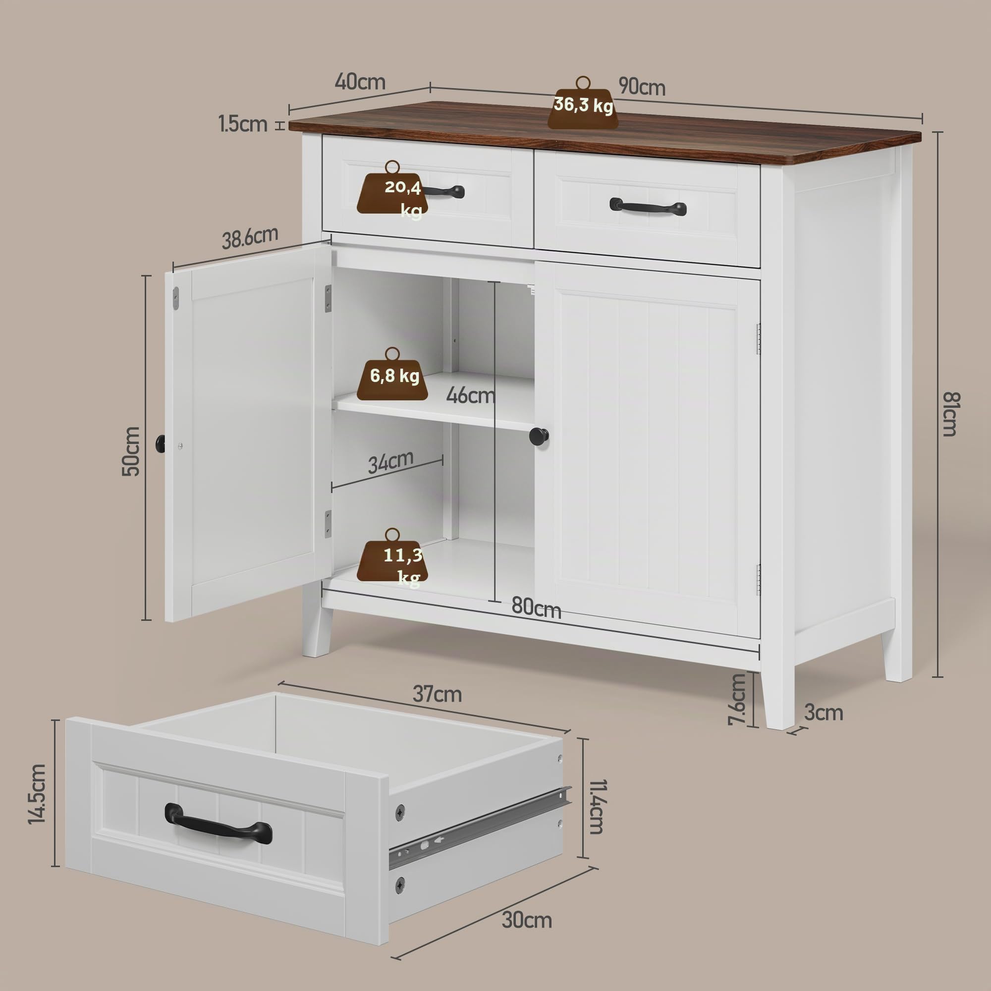 Bealife Aparador de Cocina, Armario de Cocina con Puertas con Cajón, Armario de Almacenaje para Comedor, Pasillo, 90x81x40cm (Marrón)