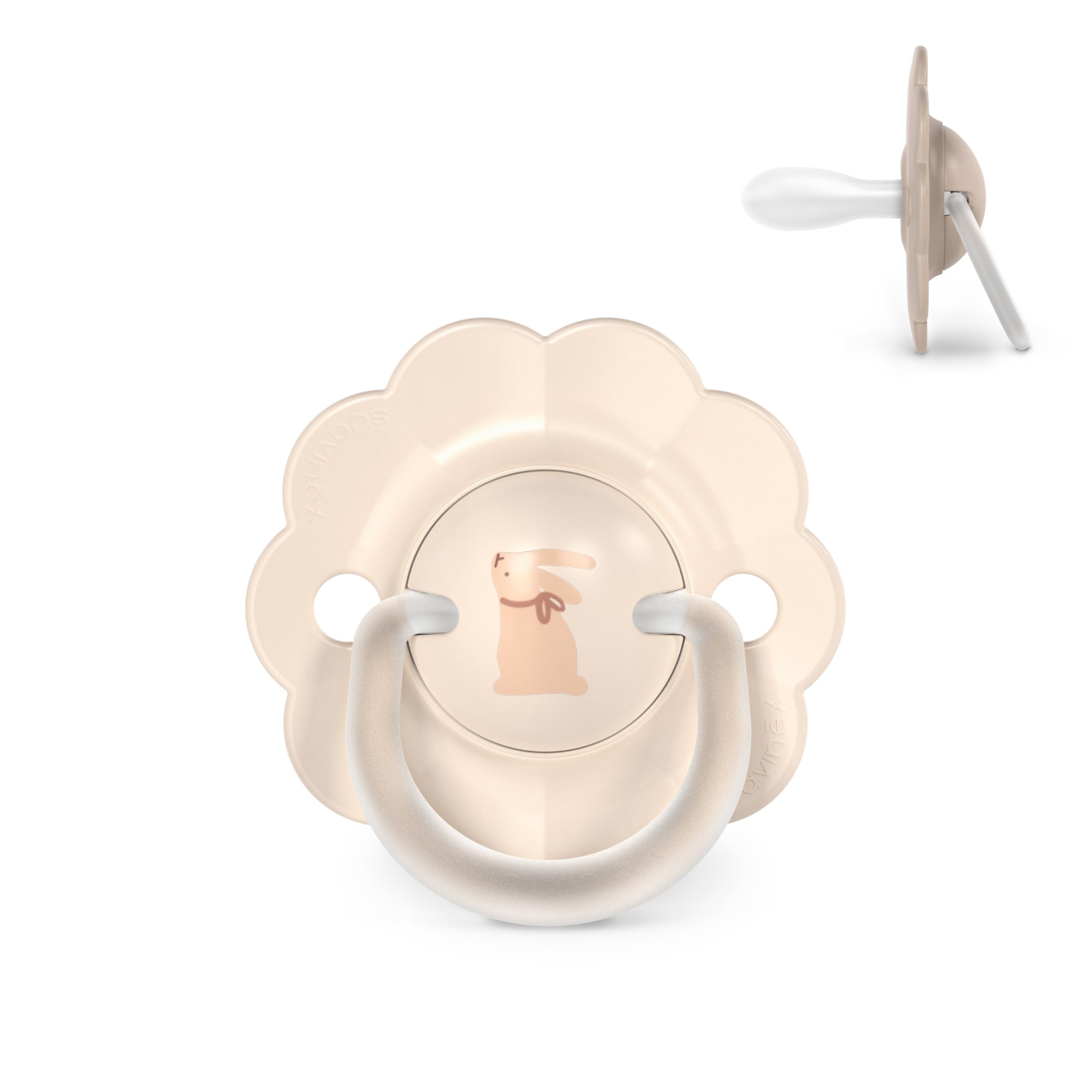 Suavinex, Sucette Bébé 6/18 Mois, Tétine Symétrique SX Pro en Silicone, Réversible, Plate et Flexible, Respecte le Développement Buccodentaire, Forme Ronde avec Anneau, Évite Irritations, Wonder Beige