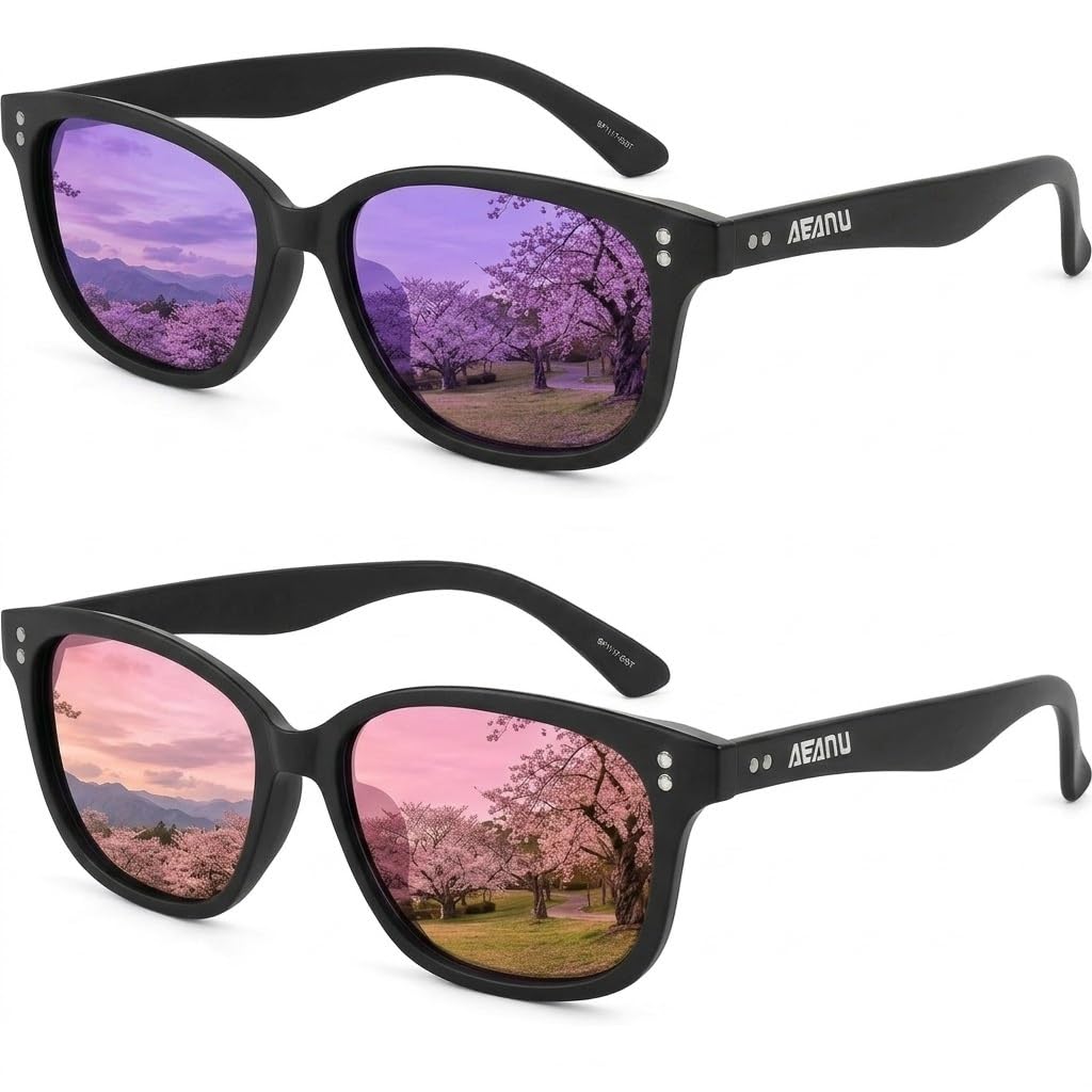 SPT111 - Lentes de sol polarizados para hombres y mujeres, lentes de sol retro con lentes de espejo con protección UV para conducir, correr, pescar, golf, color morado/rosa (paquete de 2)