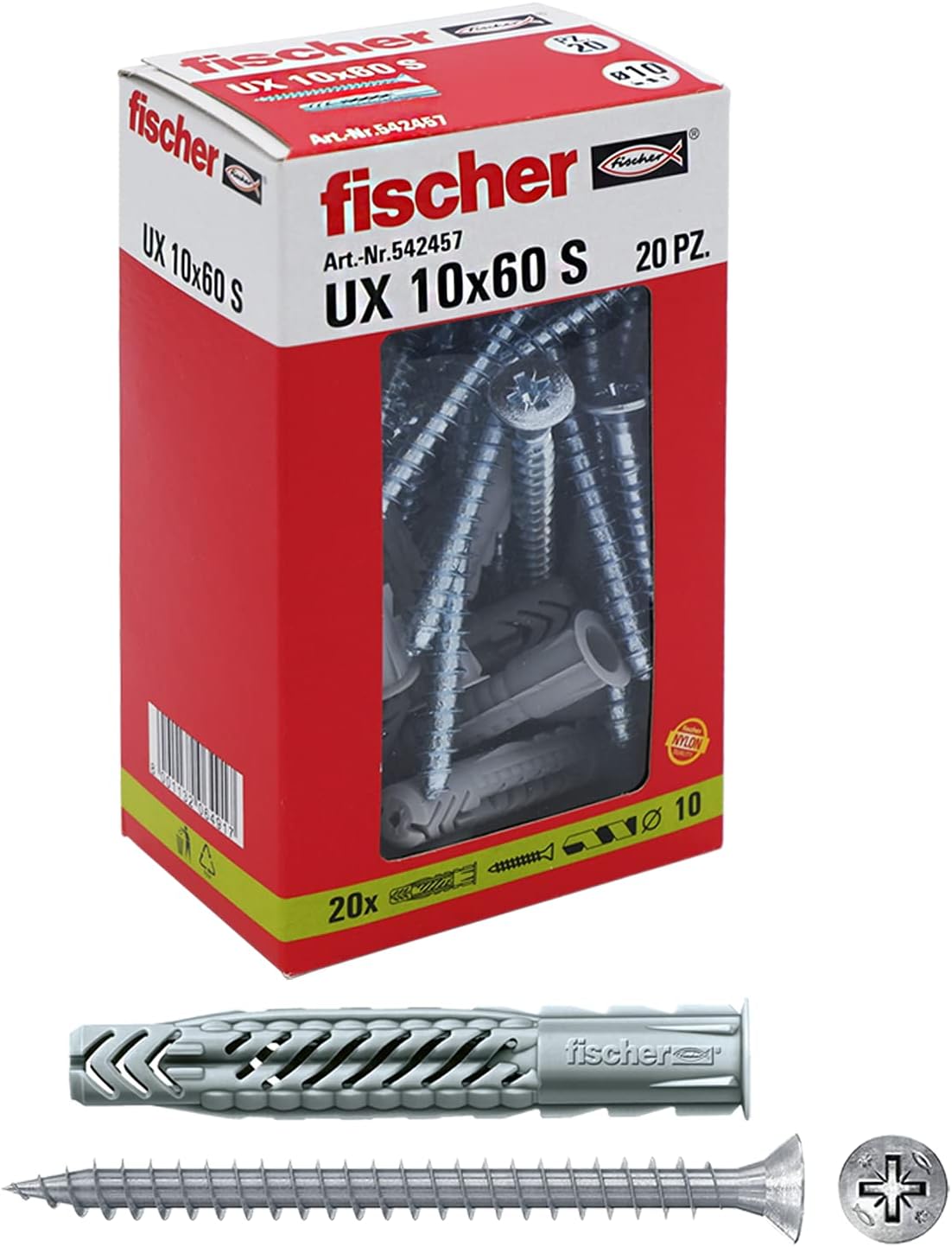 Fischer SX 12 BM – Busta 4 Tasselli Con Viti Legno Testa Esagonale INOX, Per Supporti Pieni E Cavi
