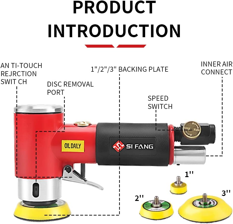 SI FANG 48Pcs 1'' 2'' 3'' Mini Air Sander Kit, High Speed Random Orbital Air Sander Polisher for Auto Body Work, Includes 1/2/3in Polishing Sponge & Wool Pads, Sandpapers, Screw, Screwdriver