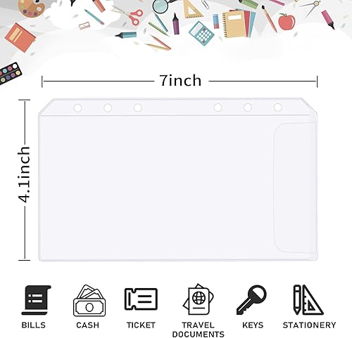 Miniatura 25 de 60 bolsillos A6 para carpeta, 6 agujeros, con cremallera, carpetas de PVC transparente, bolsas de hojas sueltas, sobres de efectivo para carpetas