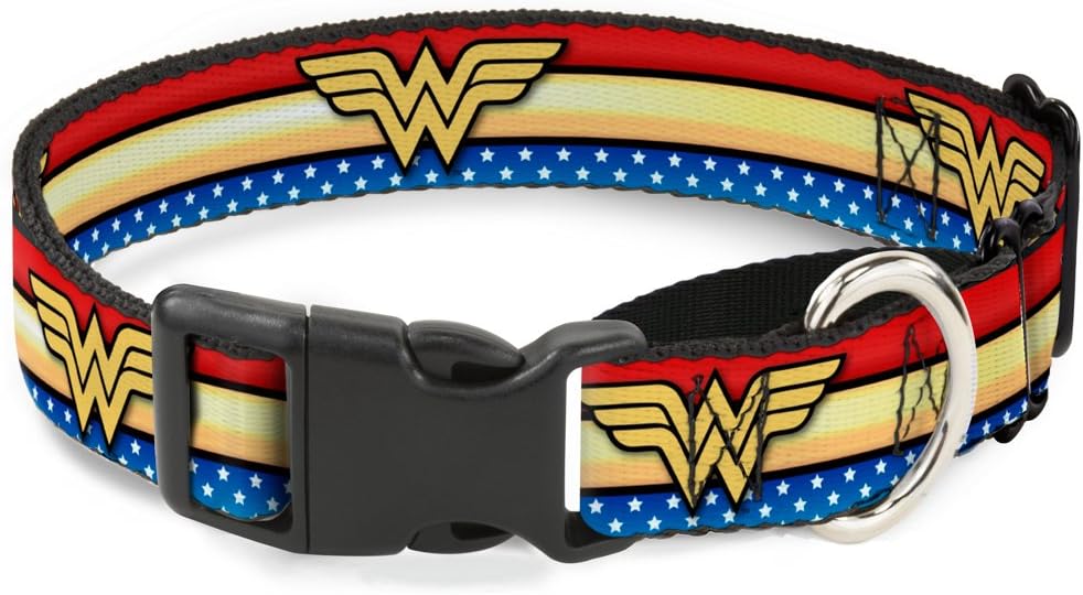 Buckle-Down Dog Collar Martingale Wonder Woman Stripe Stars Red Gold Blue White 18 to 32 Inches 1.5 Inch Wide