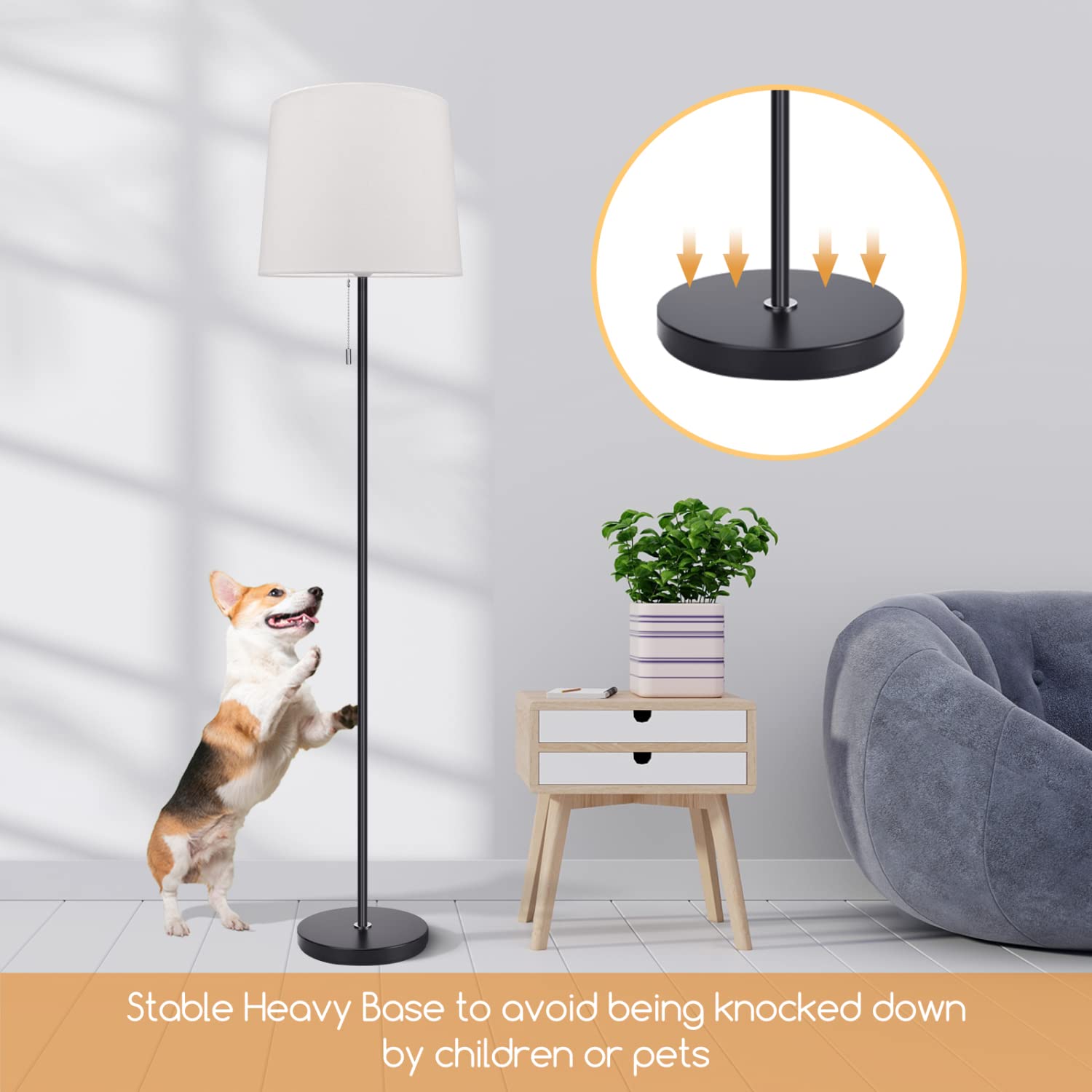 Aigostar Stehlampe mit Pendelschalter， E27 Fassung mit Weiß Lampenschirm， Stehleuchte mit Metallsockel， Moderne Vintage Standleuchten Leselampe für Wohnzimmer， Schlafzimmer