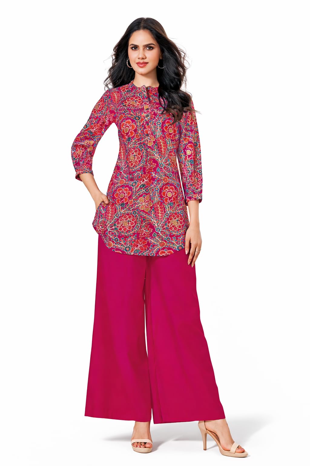 Women's Floral Print Kurti Palazzo Set, Cotton Blend, 3/4 Sleeve, Mandarin Collar, Ethnic Contemporary Style, 2-Piece-picture-43