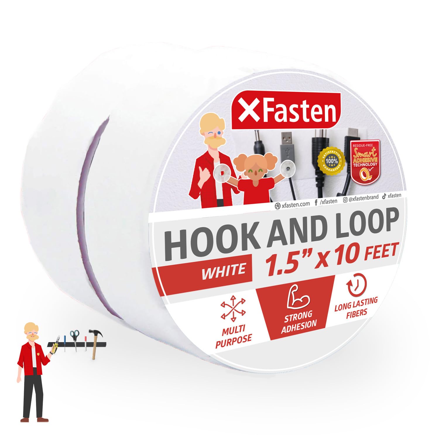 Hook and Loop Roll, White 1.5-in x 10-Ft Hook and Loop Tape Heavy Duty Strips with Adhesive, Fastening Strips with Adhesive for Fabric, Tools- XFasten