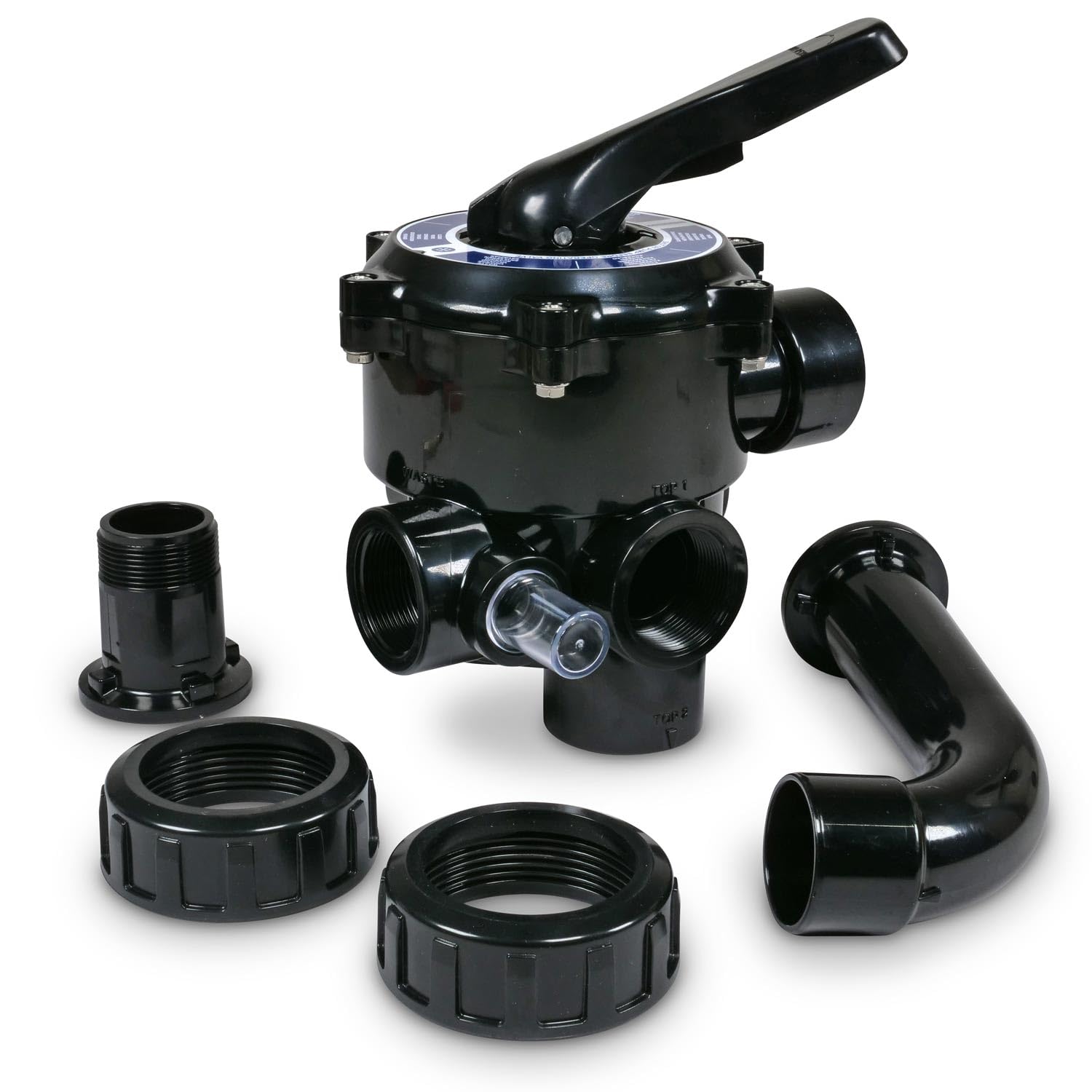 Astral Pool 1 1/2'' Side Mount 6-Wege Ventil schwarz - Mit Anschlussverrohrung und Schauglas - ABS Gehäuse mit PPO Verteiler und EPDM Dichtungen - Für Sandfilteranlagen