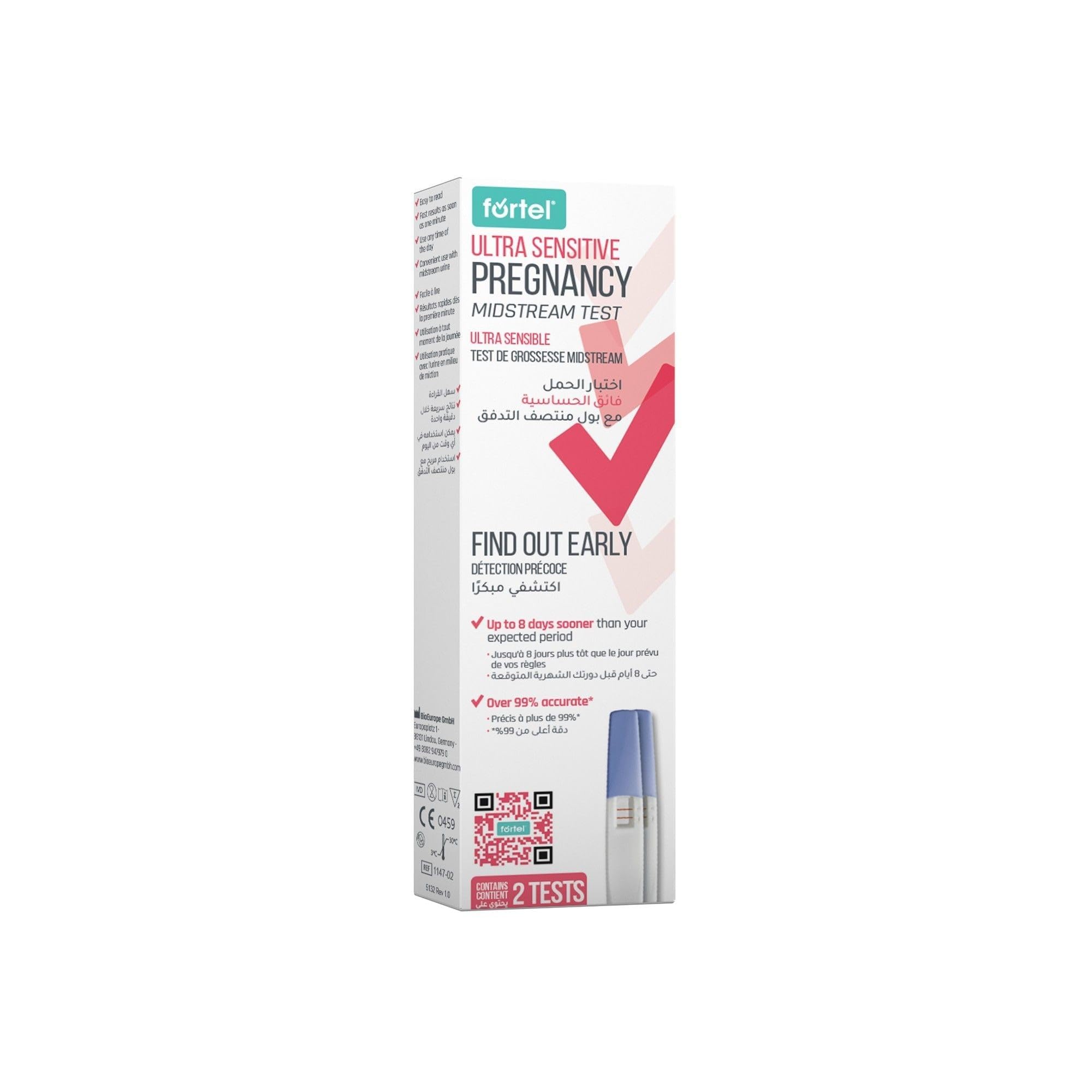 Fortel Ultra Sensitive Pregnancy Midstream Test Kit, 2 Tests, Twin Pack Home Pregnancy Tests with Clear Result Window, Hygienic Midstream Design for Early Testing and Reassuring Retesting