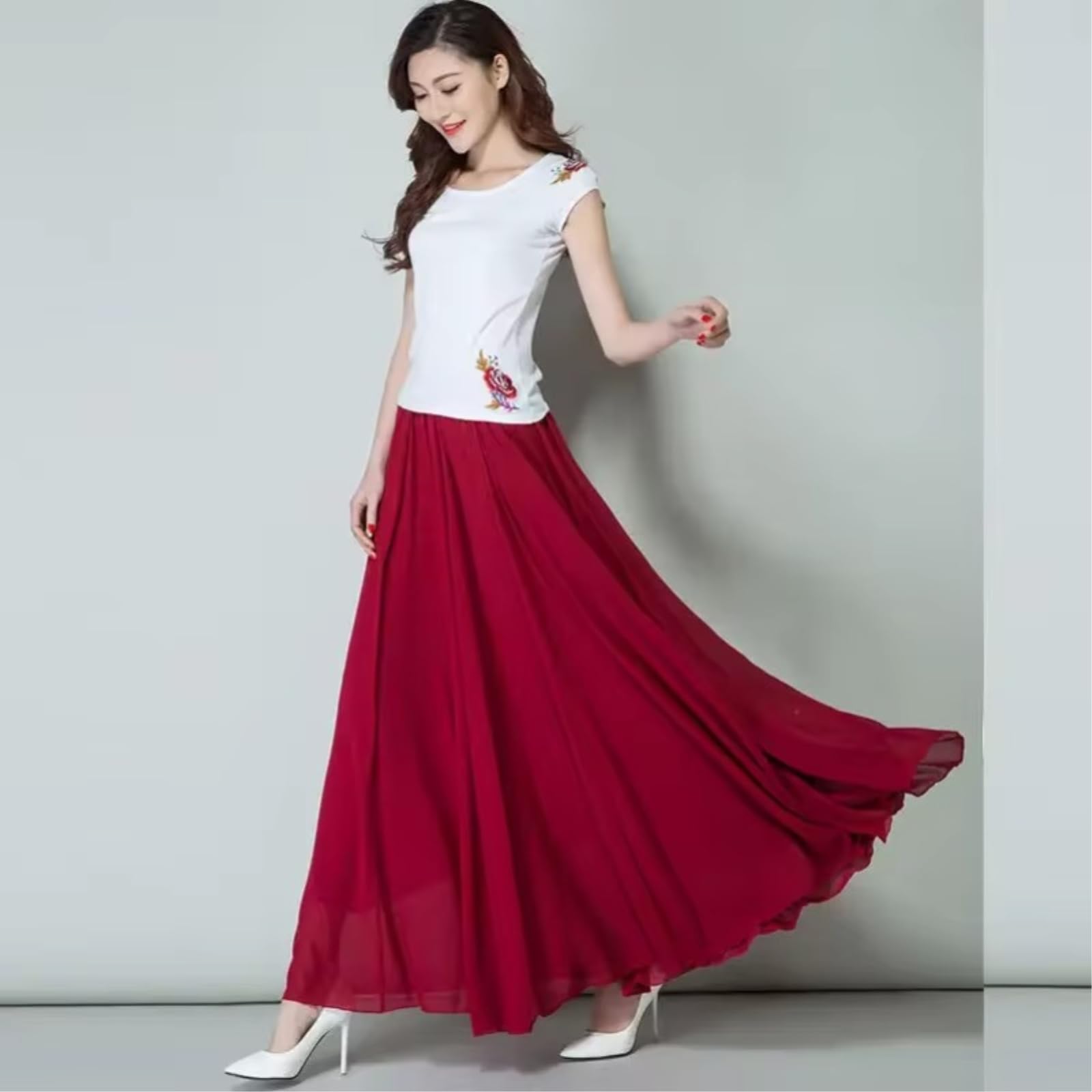 Robe Femme Femmes Haute Taille Chiffon Maxi Jupe Flowy Full Circle Long Danse Élégante Casual pour L'été-Ice Blue-m