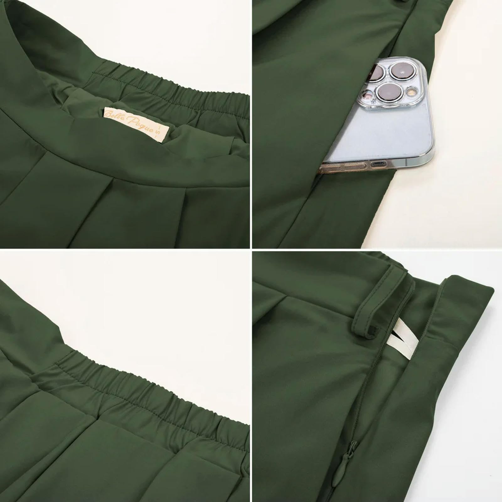 Gonna Midi con Tasche da Donna, Gonna Elasticizzata con Orlo a Pieghe a Vita Alta con Cintura, Elegante da Donna-Army Green-XL