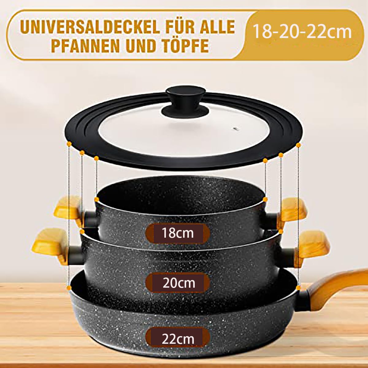 Universeel deksel voor potten, pannen en koekenpannen - Deksel van gehard glas met hittebestendige siliconen rand past op kookgerei met een diameter van 16 cm, 18 cm en 20 cm, vervangend deksel Universeel deksel voor potten, pannen en koekenpannen - Deksel van gehard glas met hittebestendige siliconen rand past op kookgerei met een diameter van 16 cm, 18 cm en 20 cm, vervangend deksel