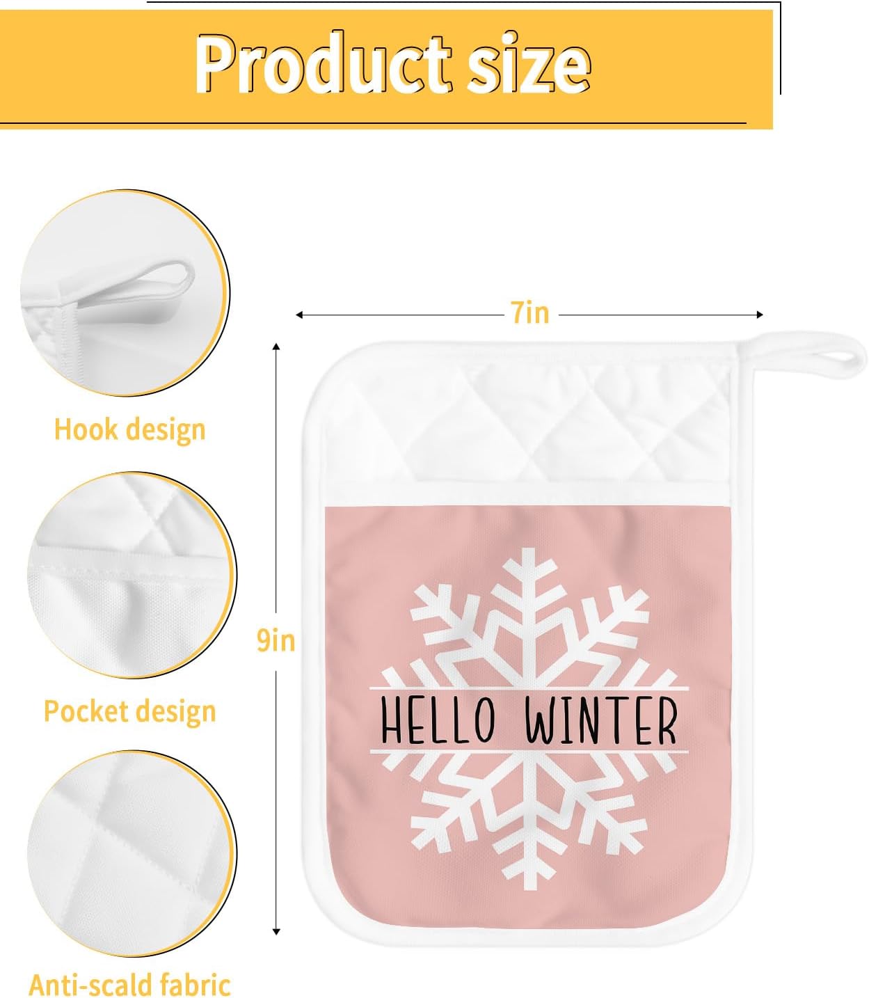 Blush Pink Snowflake 5Pcs Pot Holders for Kitchen,Non Slip & Heat Insulation Terry Cloth Potholder Set with Pocket,Thick Hot Pad Oven Mitts Trivet Coaster for Baking,Hello Winter Christmas Holiday