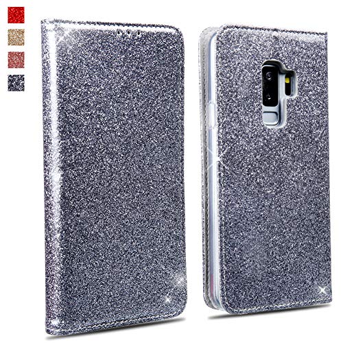 Cover Galaxy S9 Plus Custodia Lucciante con Brillantini Glitters Design Flip Caso Portafoglio con Interno Protettiva per Samsung S9 Plus argento pelle sintetica tpu grigio