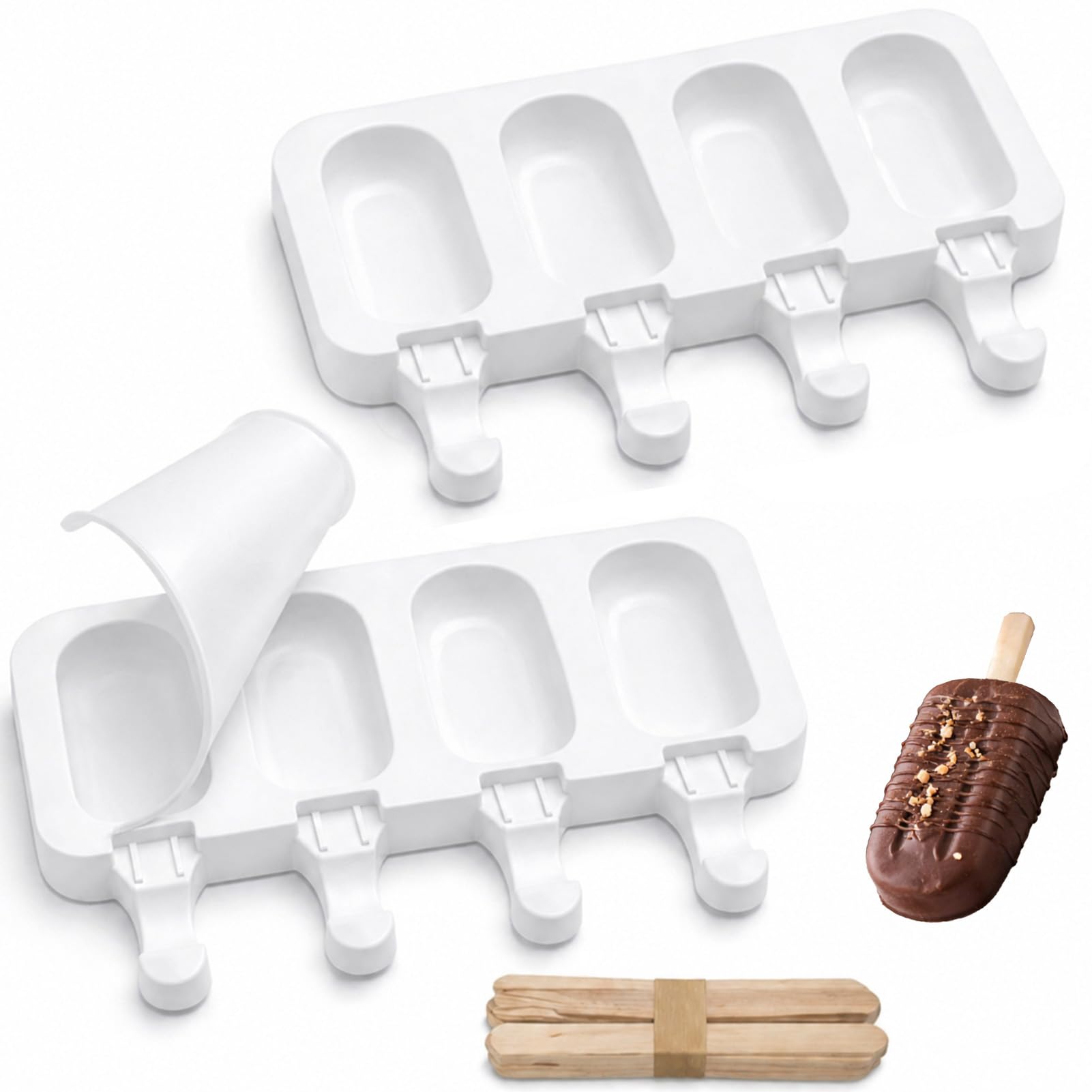 2 Piezas Moldes Helados Silicona, con 2 Tapas 50 Palos Molde Helado Reutilizable sin BPA para Hacer Helados Caseros Moldes Chocolate Bricolaje Postre para Adulto Infantiles Blanco