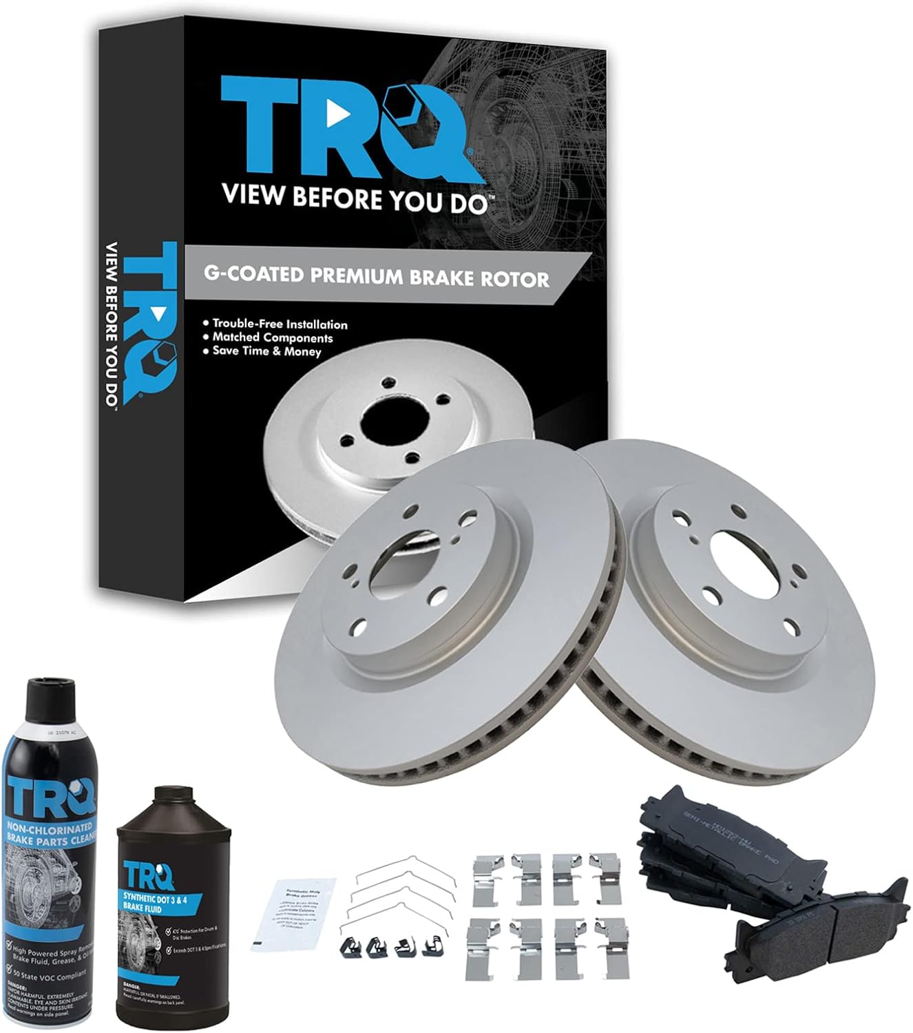 TRQ Front Brake Pad & Rotor Kit Brake Chemical Kit Brake Pads Brake Rotor Semi-Metallic Premium G-Coated Compatible with 2013-2018 Lexus ES300h 2007-2018 ES350 2008-2018 Toyota Avalon 2007-2017 Camry